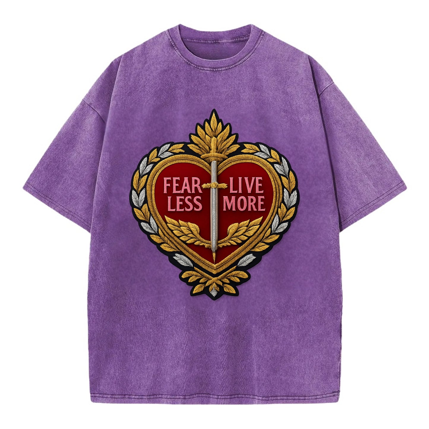 FEAR LESS LIVE MORE - heart with text in red , courage - Vintage T-shirt - Purple