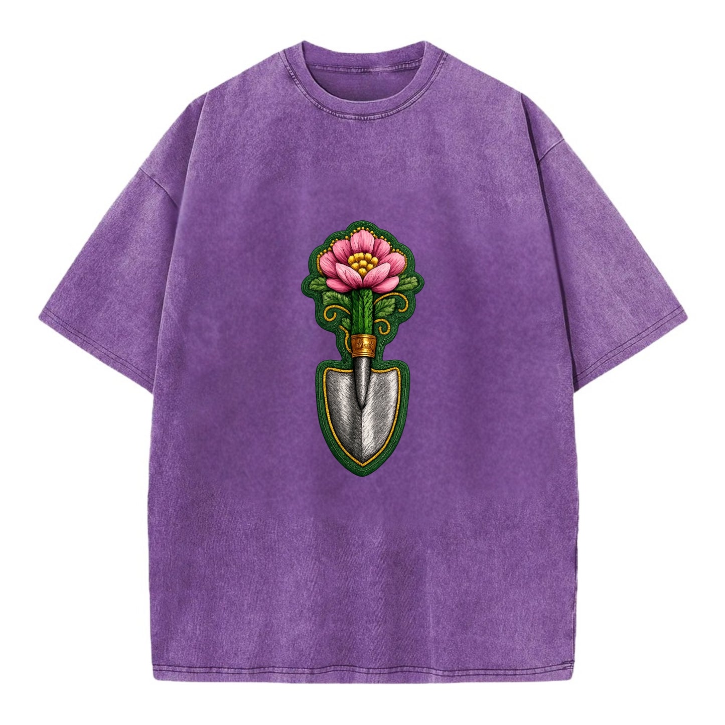 Embroidered patch design - GARDENING TROWEL FLOWER - garden tool with blooming - Vintage T-shirt - Purple