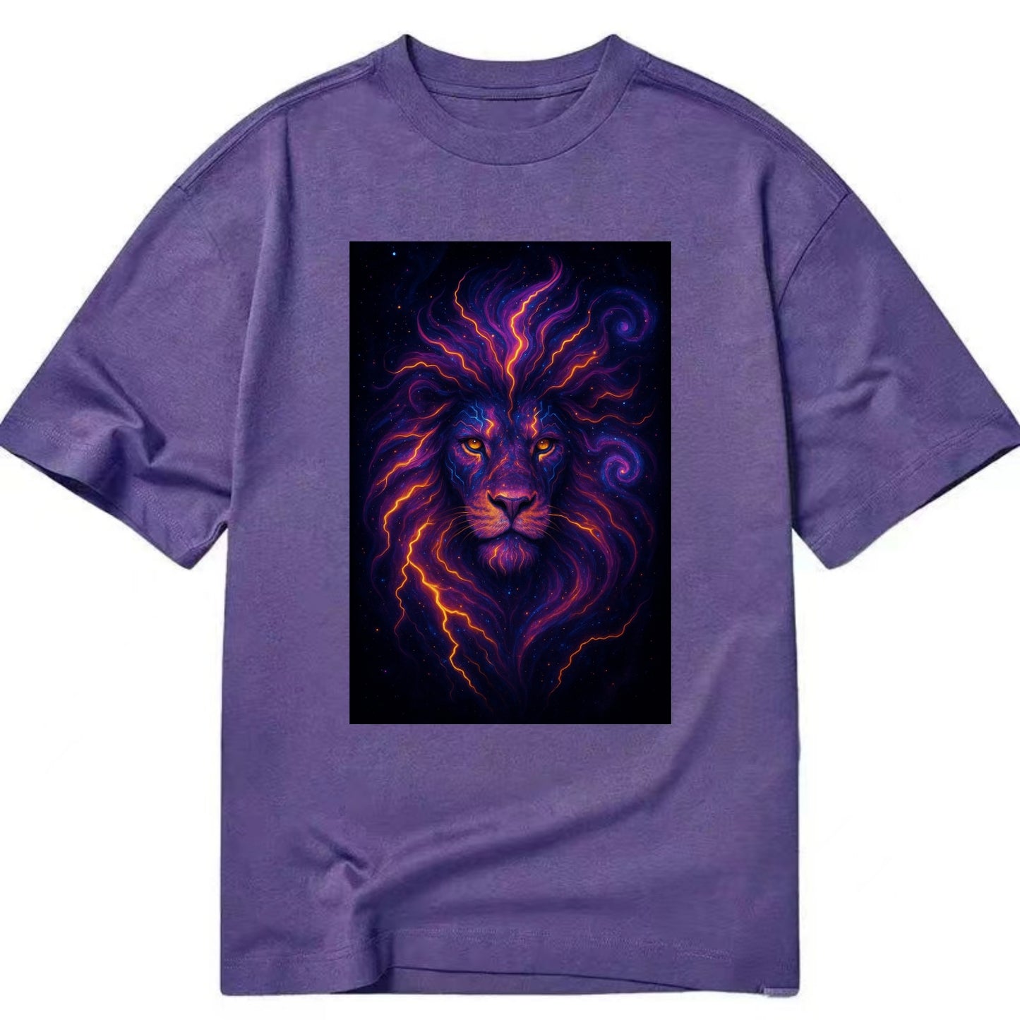 Regal lion with mane made of electric currents, neon yellow and hot pink energy - Classic T-shirt - Purple