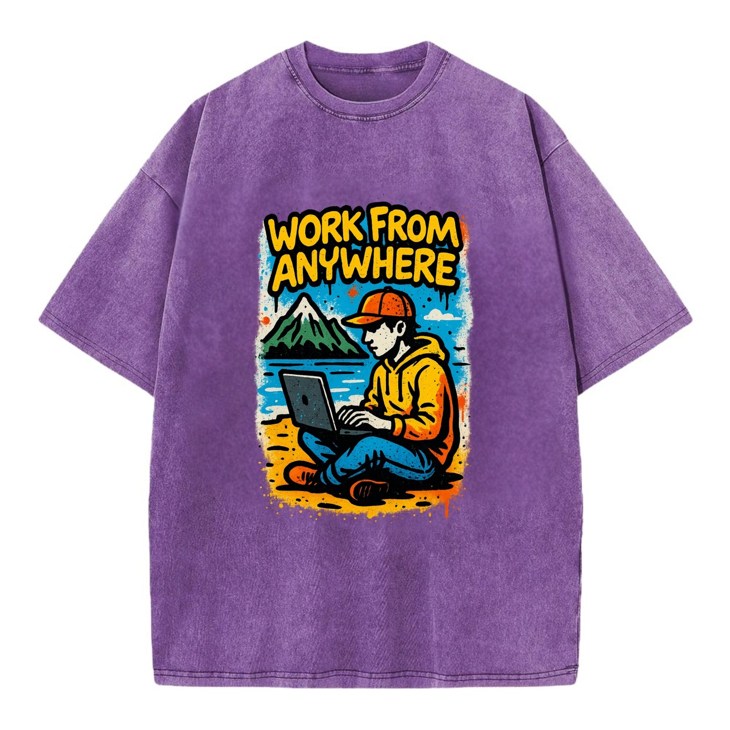 Digital nomad with laptop on beach/mountain - work from anywhere lifestyle, - Vintage T-shirt - Purple