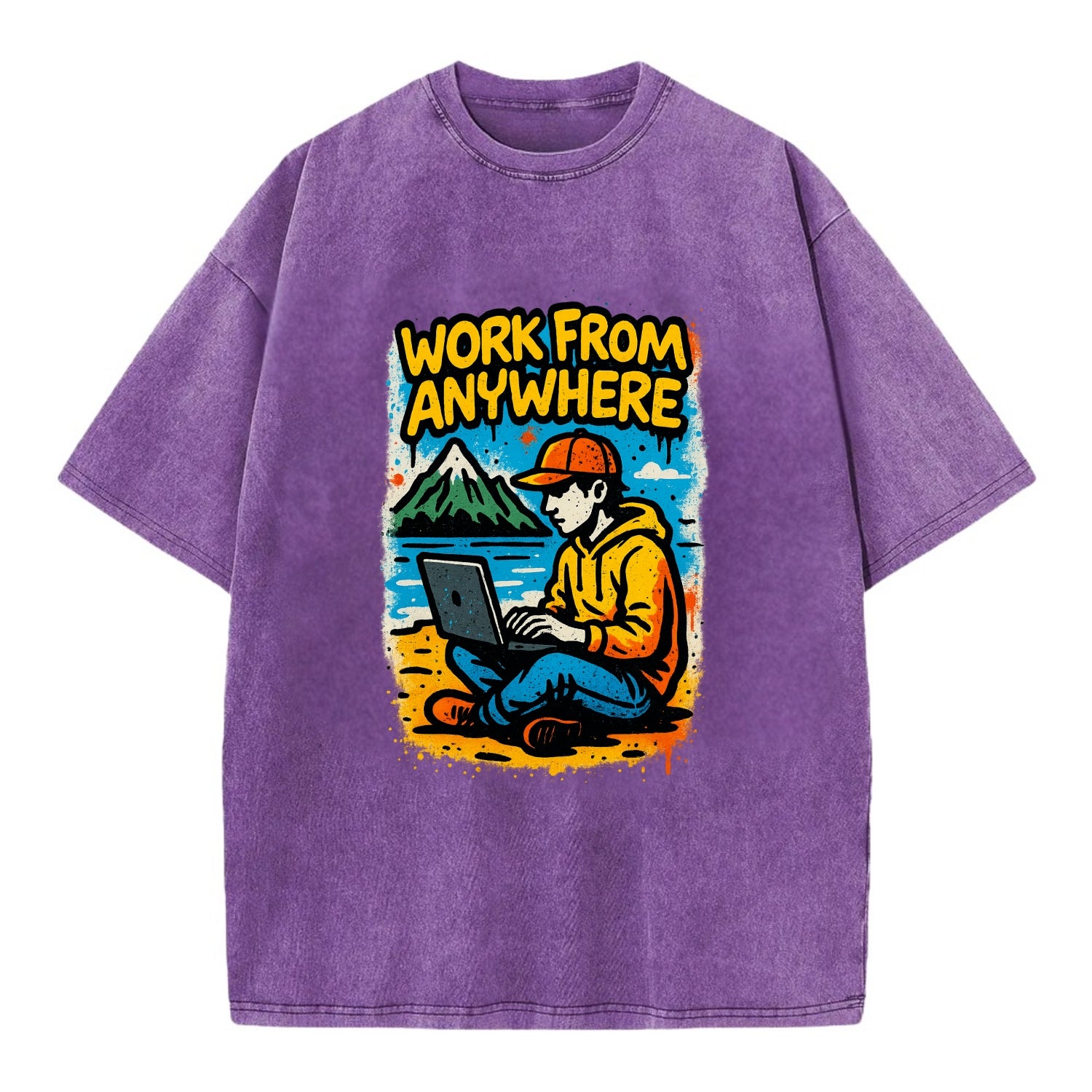 Digital nomad with laptop on beach/mountain - work from anywhere lifestyle, - Vintage T-shirt - Purple