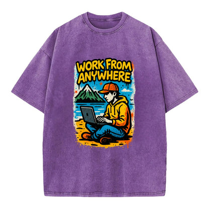 Digital nomad with laptop on beach/mountain - work from anywhere lifestyle, - Vintage T-shirt - Purple
