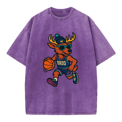 Ohio Deer wearing Cavs beanie with crown patch and wayfarer sunglasses - Vintage T-shirt - Purple