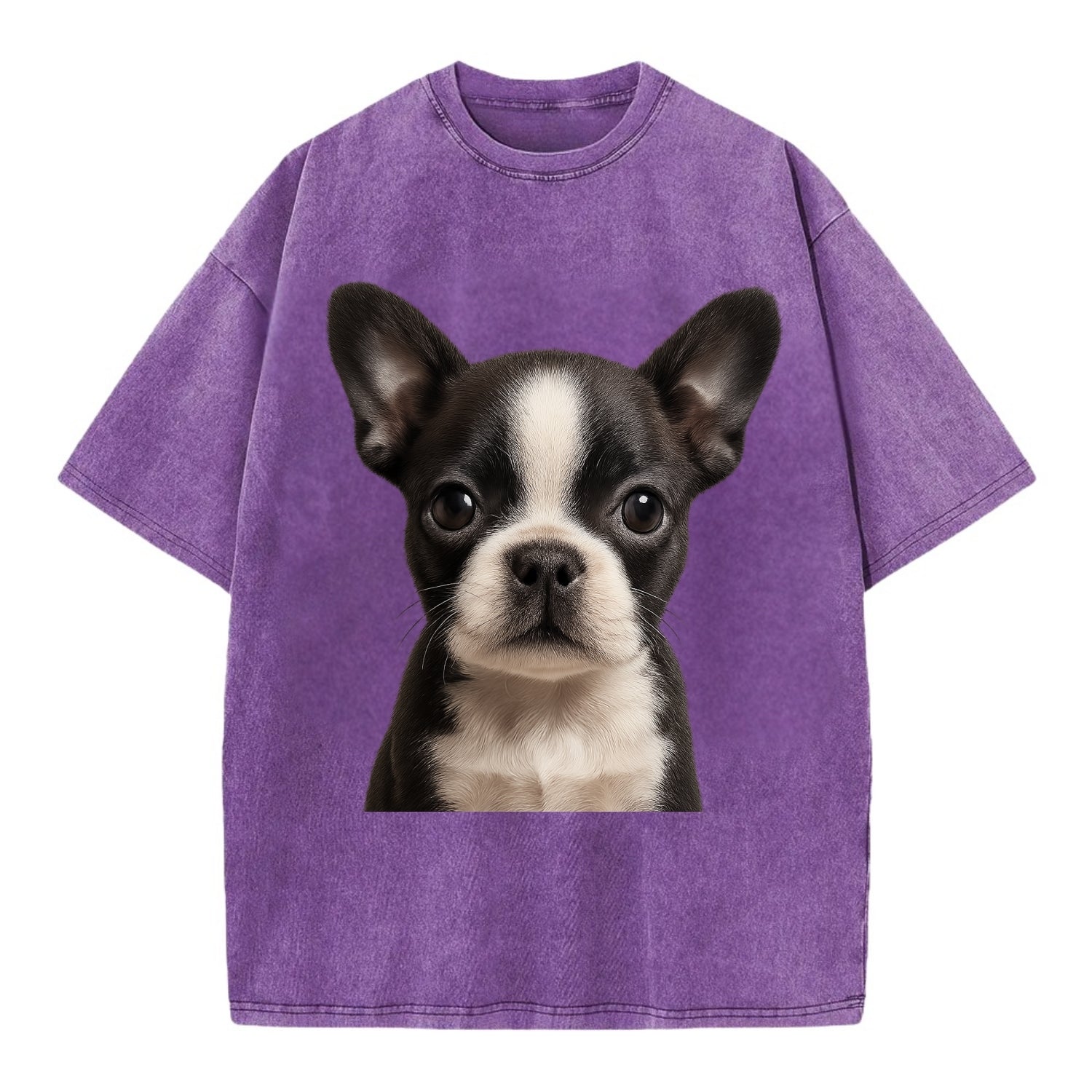 Baby Boston Terrier Puppy - tuxedo markings, big round eyes, bat ears, - Vintage T-shirt - Purple