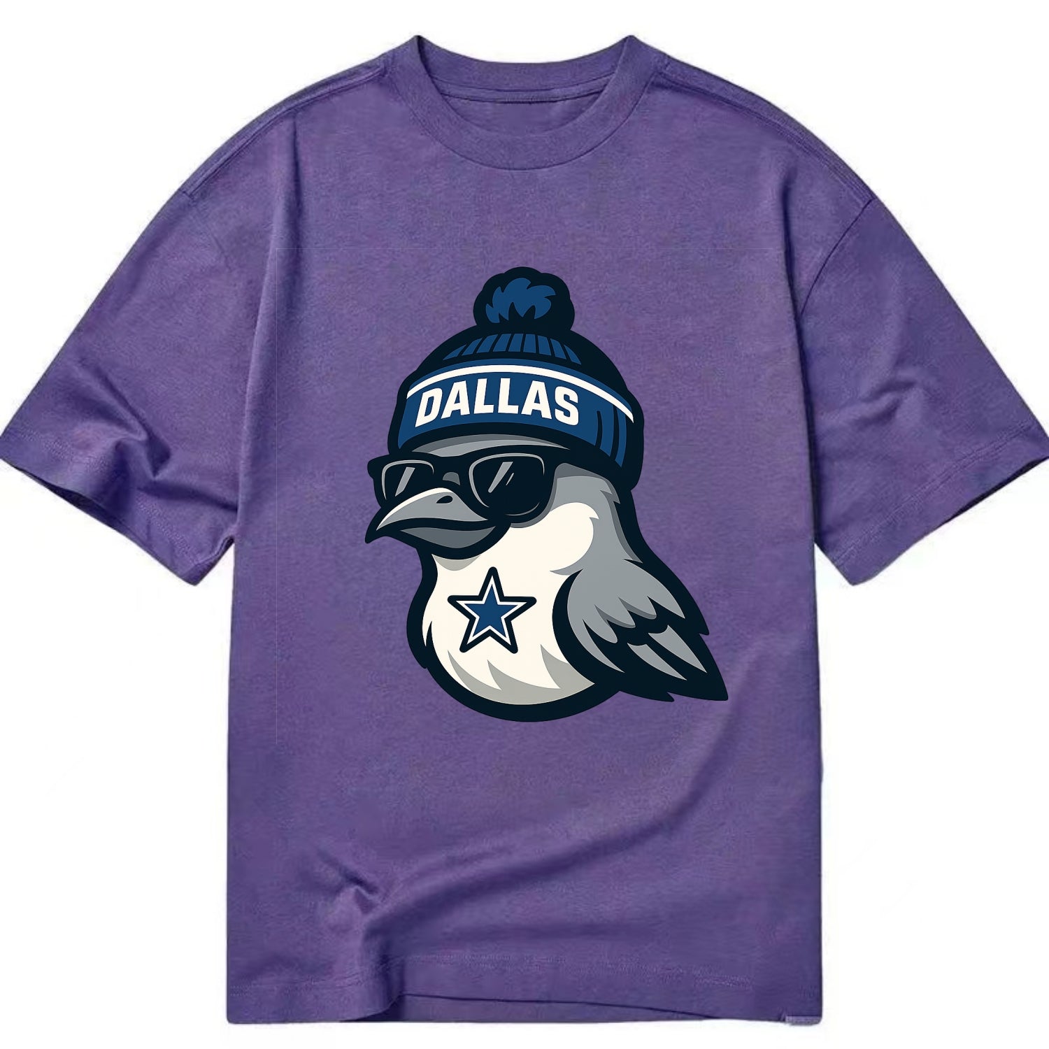 Dallas Mockingbird wearing Cowboys beanie with sheriff star and wayfarer - Classic T-shirt - Purple