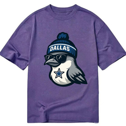 Dallas Mockingbird wearing Cowboys beanie with sheriff star and wayfarer - Classic T-shirt - Purple