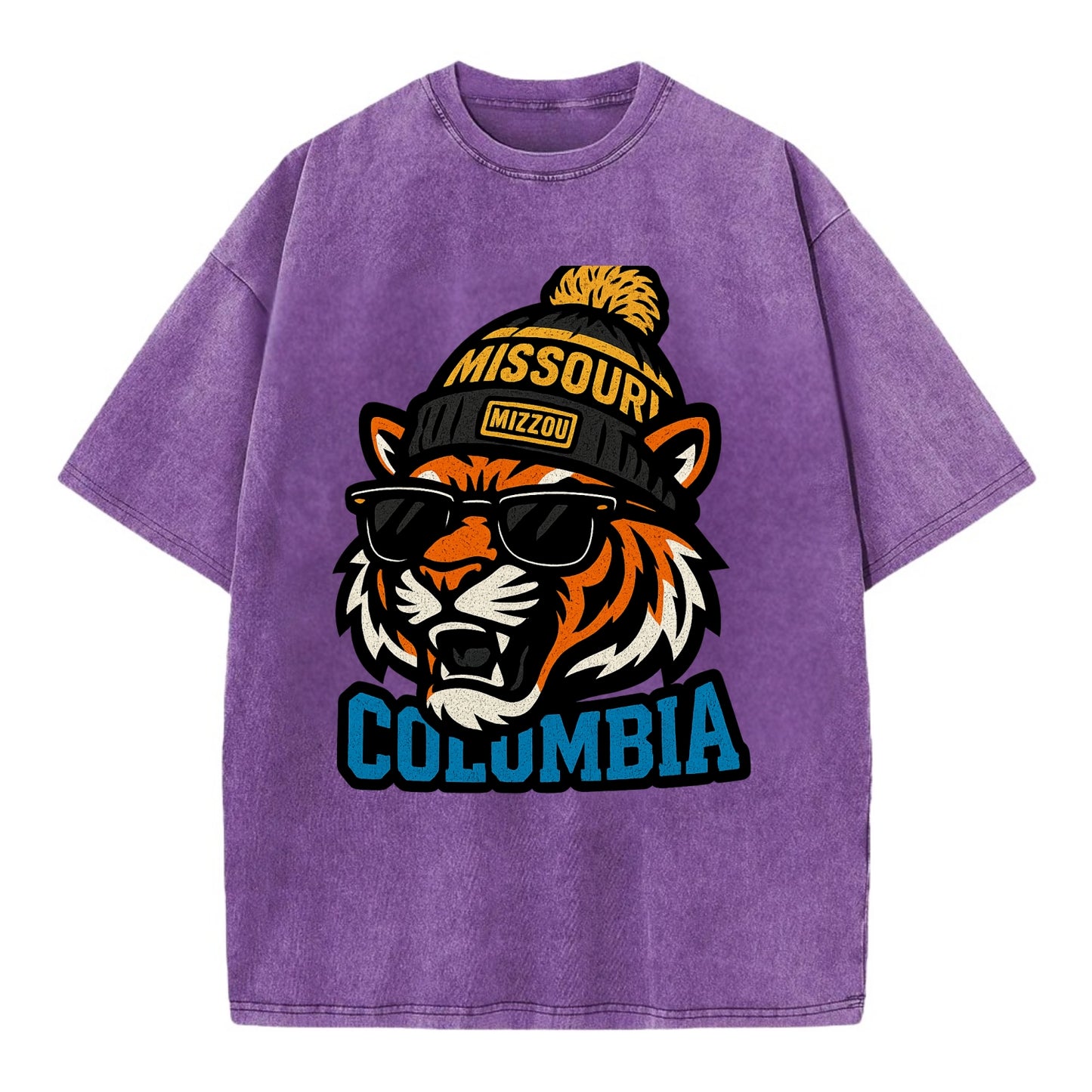 Columbia Tiger wearing Missouri beanie with Mizzou patch - Vintage T-shirt - Purple