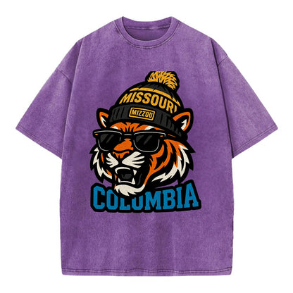 Columbia Tiger wearing Missouri beanie with Mizzou patch - Vintage T-shirt - Purple