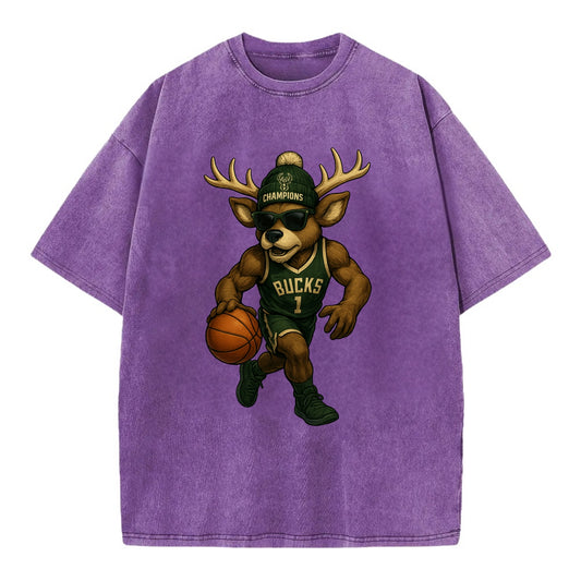 Milwaukee Buck Deer wearing Bucks green and cream beanie with antlers and - Vintage T-shirt - Purple