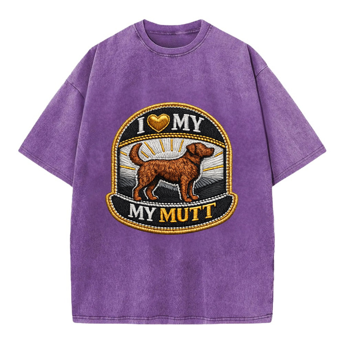 I LOVE MY MUTT - mixed breed silhouette in brown , rescue pride - Vintage T-shirt - Purple