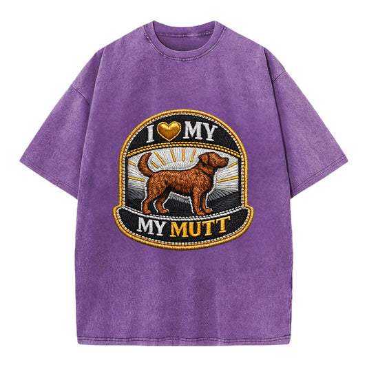 I LOVE MY MUTT - mixed breed silhouette in brown , rescue pride - Vintage T-shirt - Purple