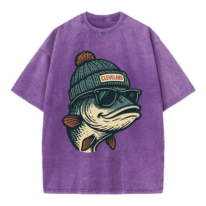 Cleveland Lake Erie Walleye wearing Cleveland beanie with pom pom and wayfarer - Vintage T-shirt - Purple