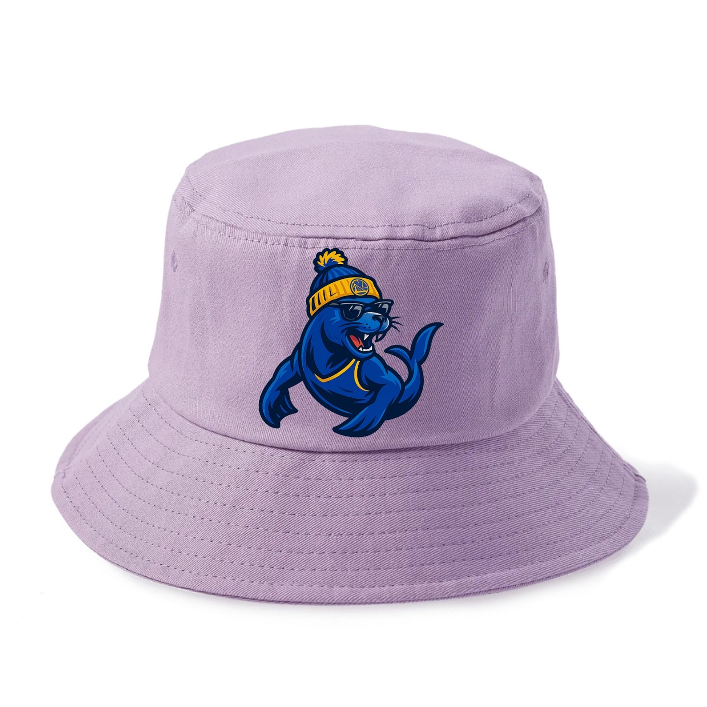 Bay Area Sea Lion wearing Warriors blue and gold beanie with Golden Gate and wayfarer - Bucket Hat - Purple