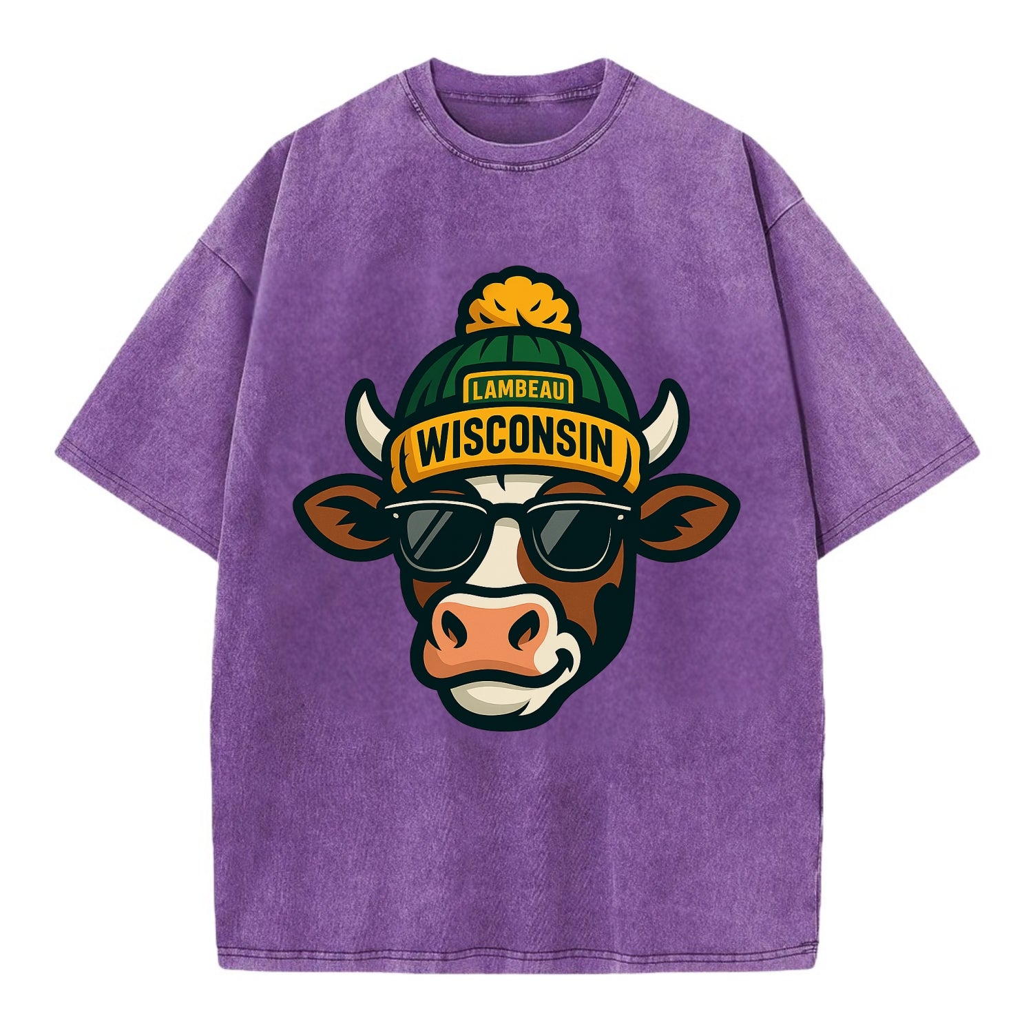 Wisconsin Cow wearing Packers beanie with Lambeau patch and wayfarer sunglasses - Vintage T-shirt - Purple