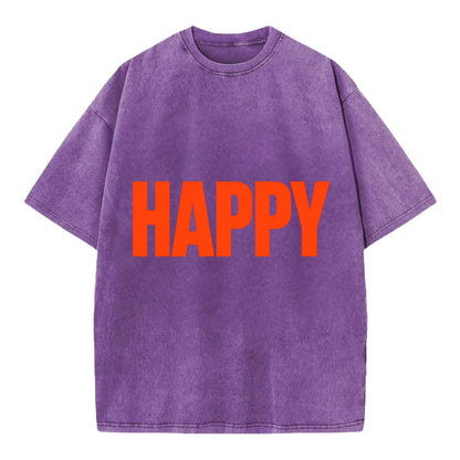 Bold typography design - "HAPPY" - joyful, content, pleased - Vintage T-shirt - Purple
