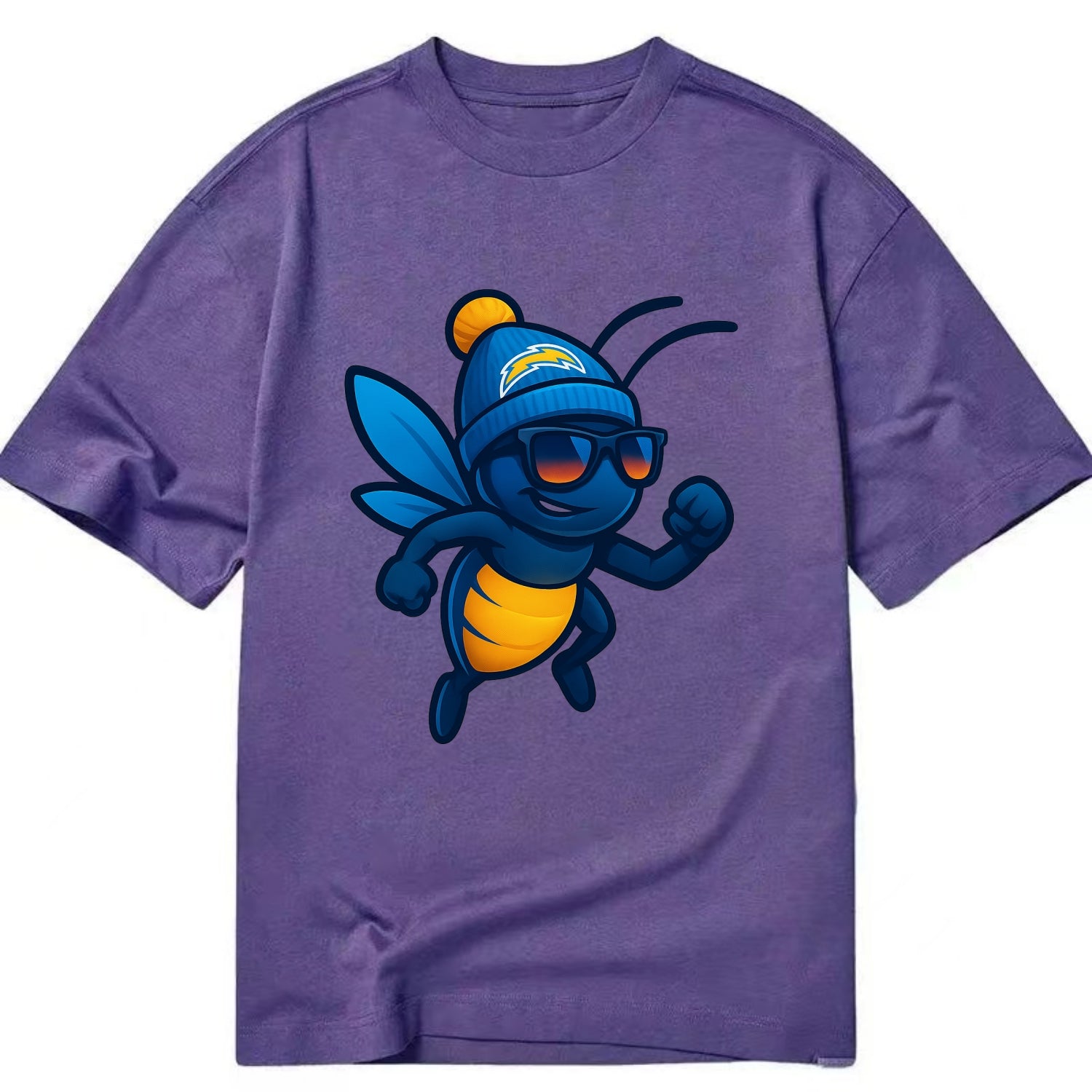 LA Lightning Bug wearing Chargers powder blue and gold beanie with pom pom and - Classic T-shirt - Purple