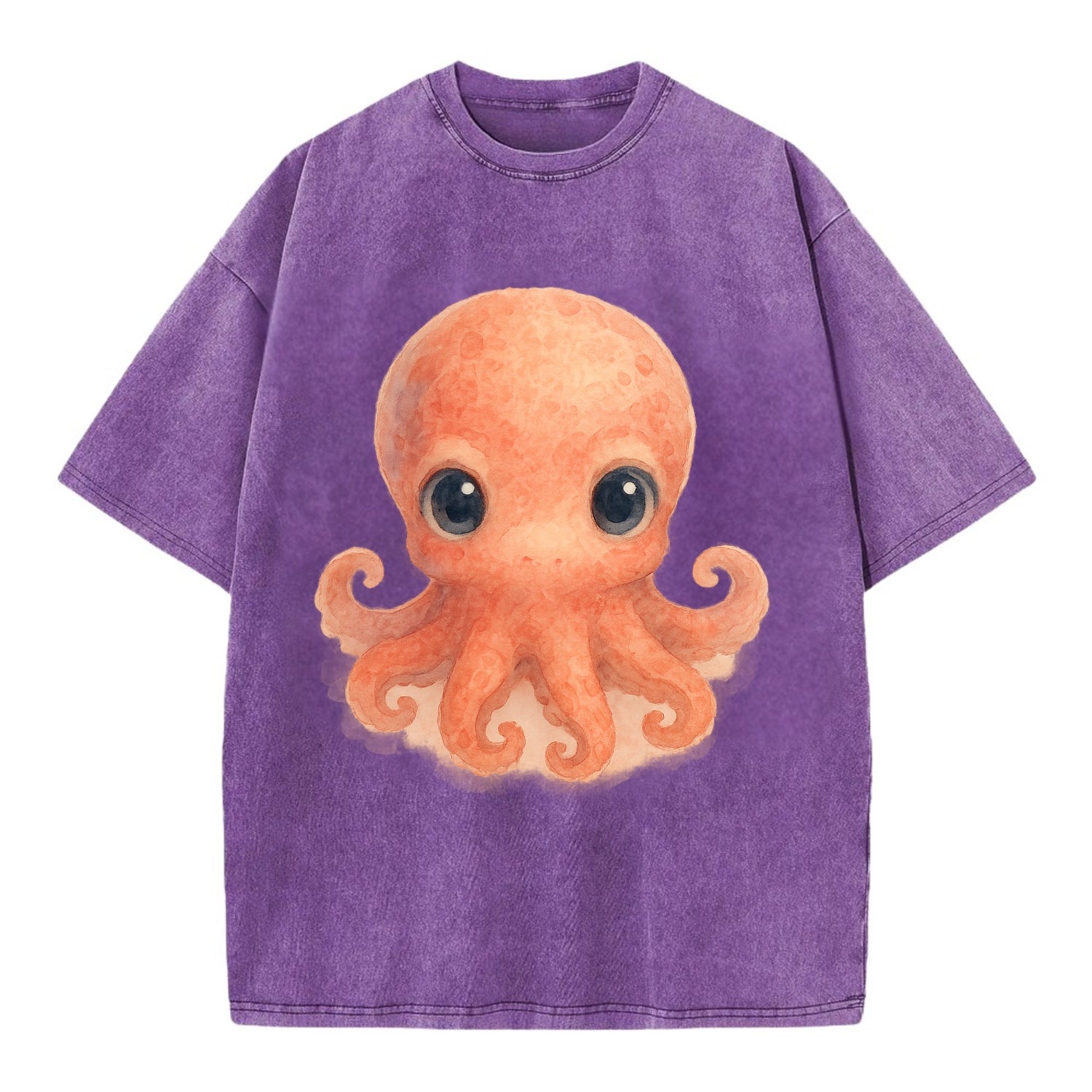 Baby Octopus - red-orange, eight tiny tentacles curled, large intelligent eyes, - Vintage T-shirt - Purple