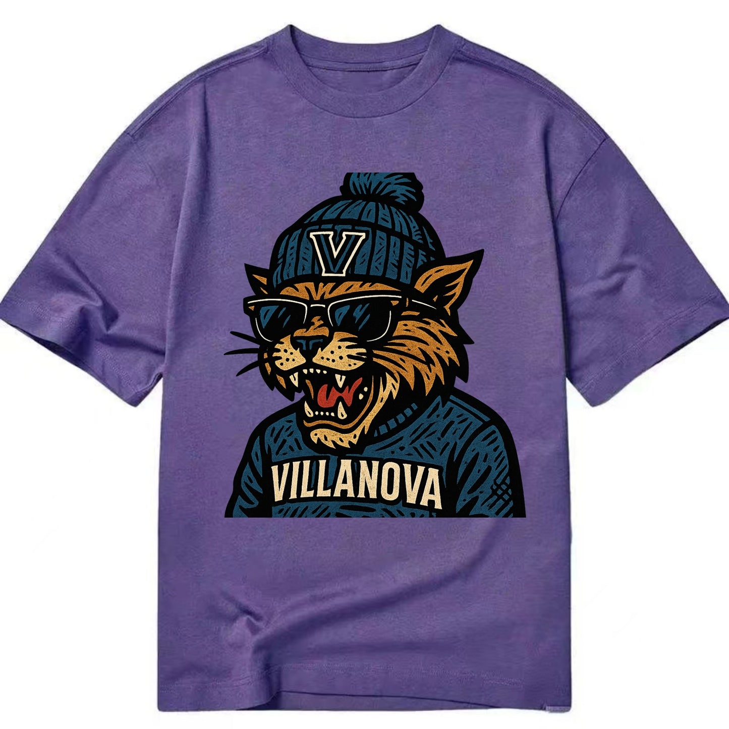 Villanova Wildcat wearing Villanova beanie with V patch - Classic T-shirt - Purple