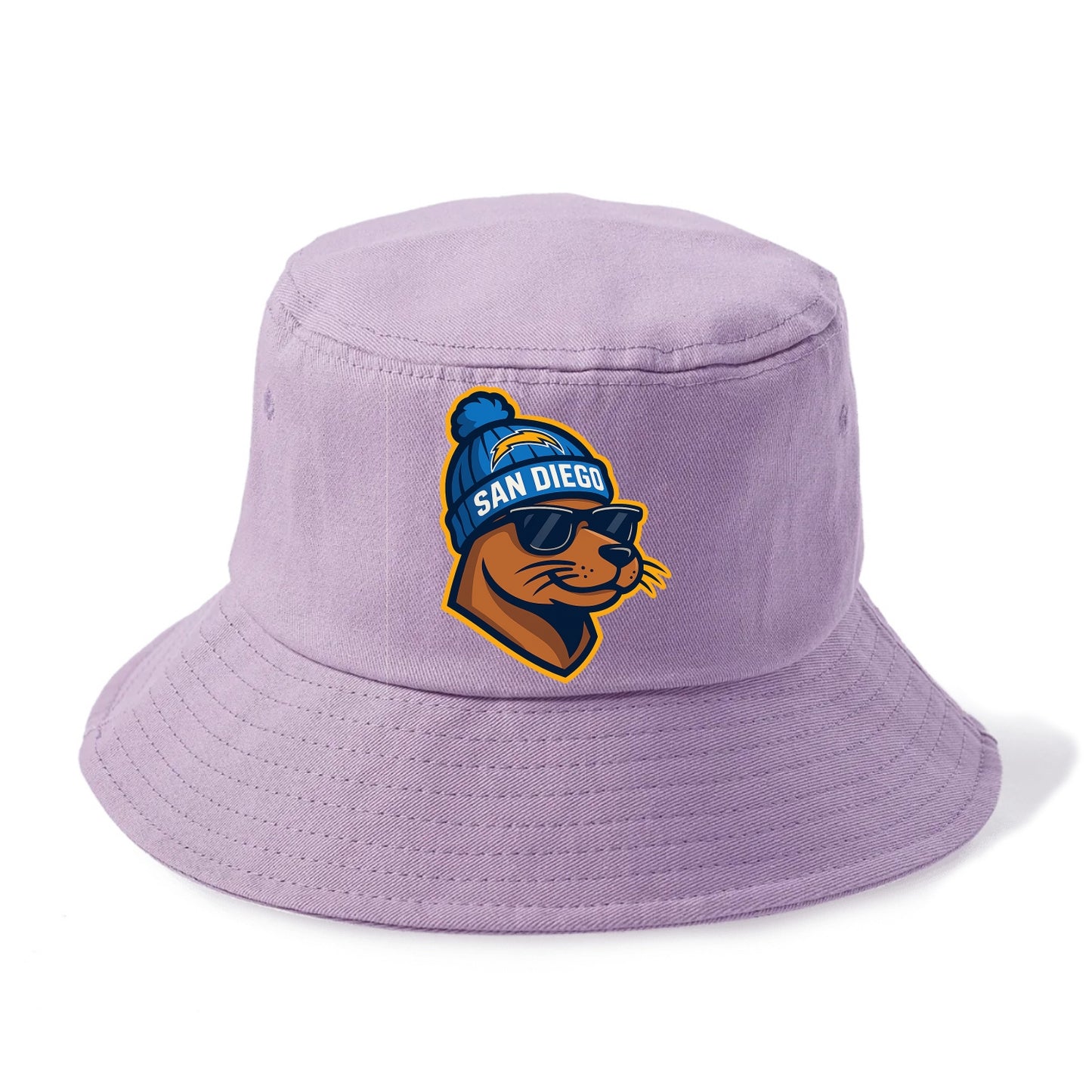 San Diego Sea Lion wearing Chargers beanie with bolt patch and wayfarer sunglasses - Bucket Hat - Purple