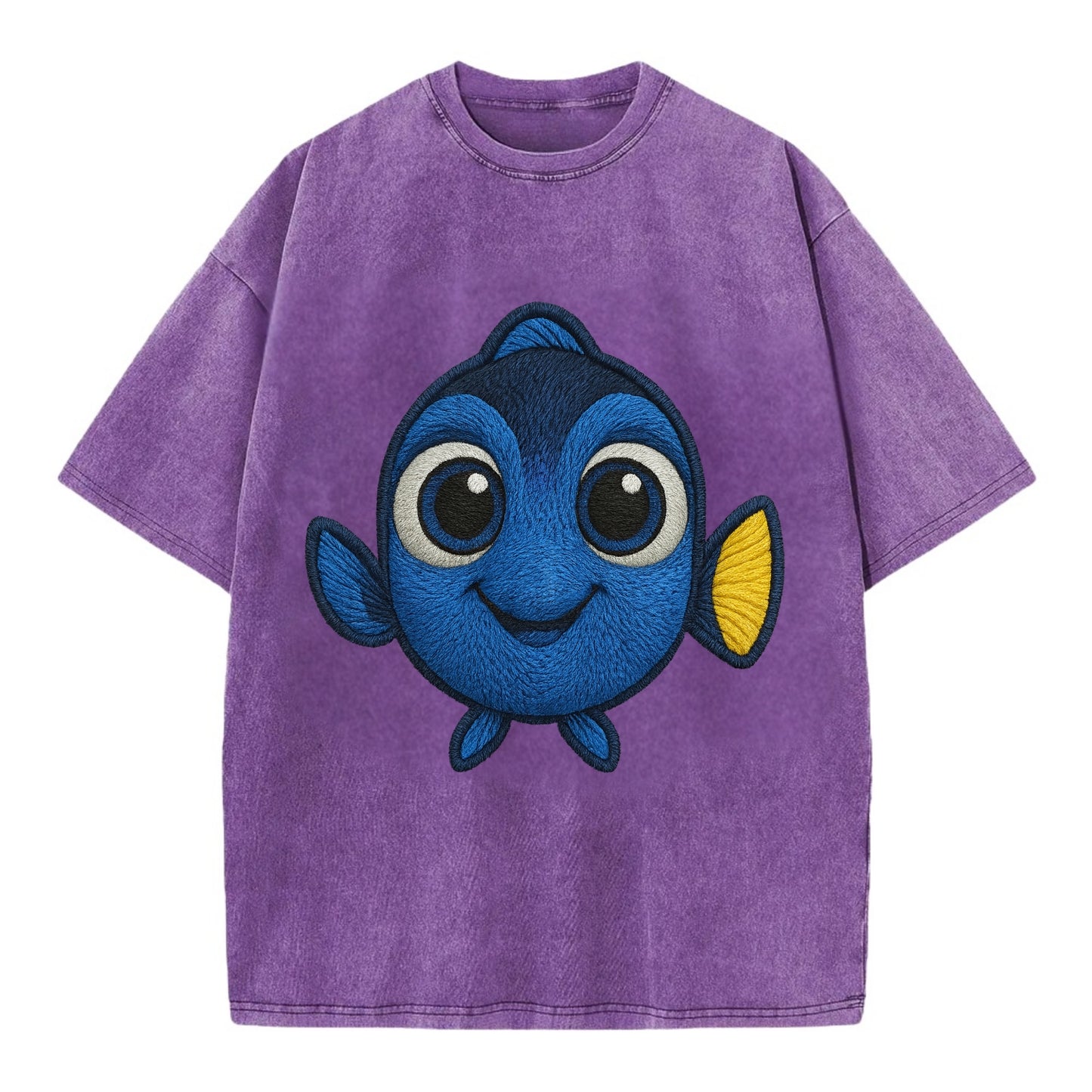 Baby Blue Tang - bright blue with yellow tail, big eyes, front-facing, Dory-style - Vintage T-shirt - Purple