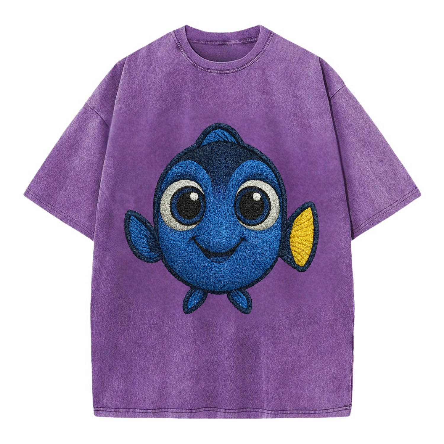 Baby Blue Tang - bright blue with yellow tail, big eyes, front-facing, Dory-style - Vintage T-shirt - Purple