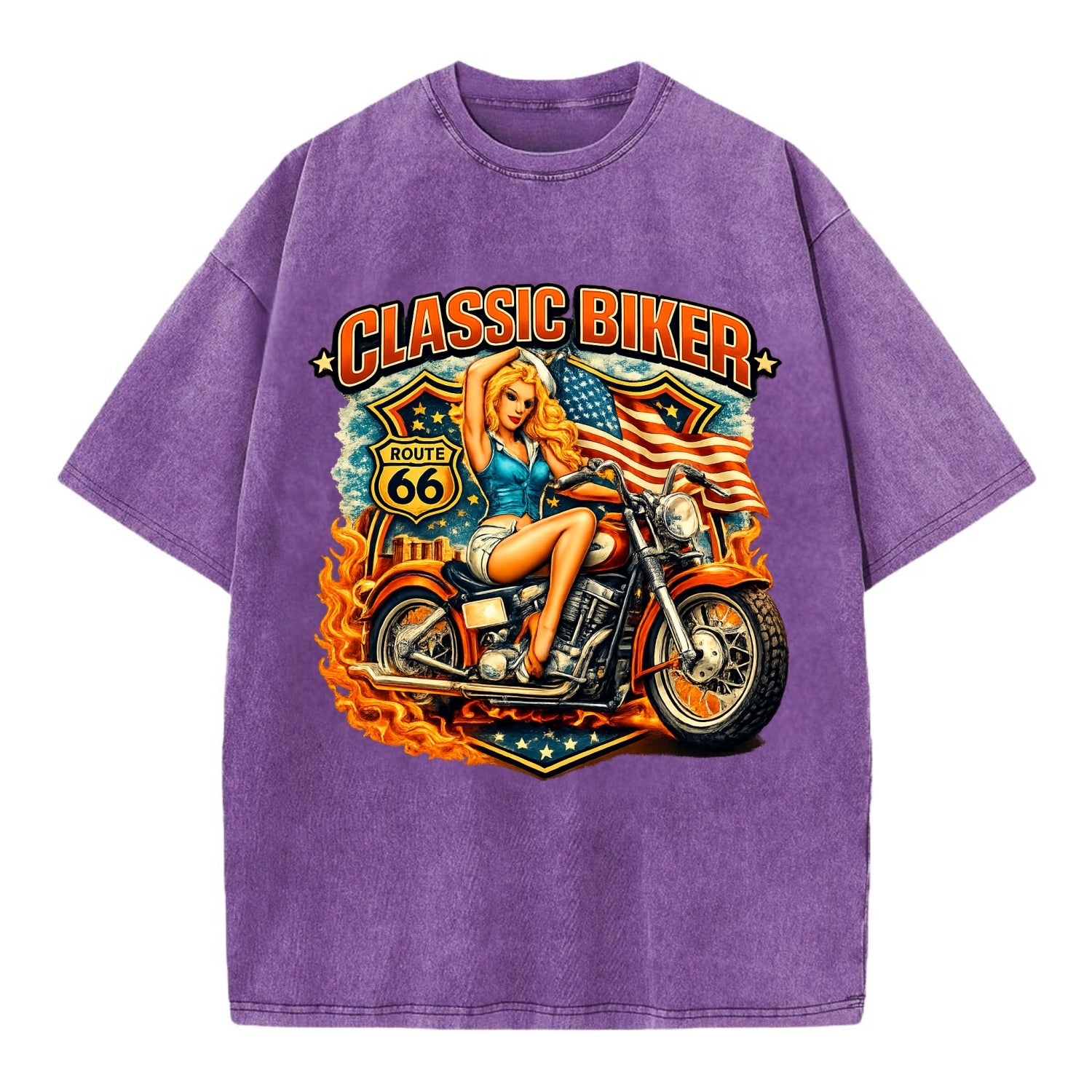 Classic Pinup Biker - Vintage T-shirt - Purple