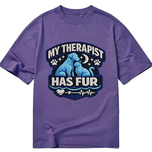 MY THERAPIST HAS FUR - pet silhouette in calming blue , emotional support - Classic T-shirt - Purple