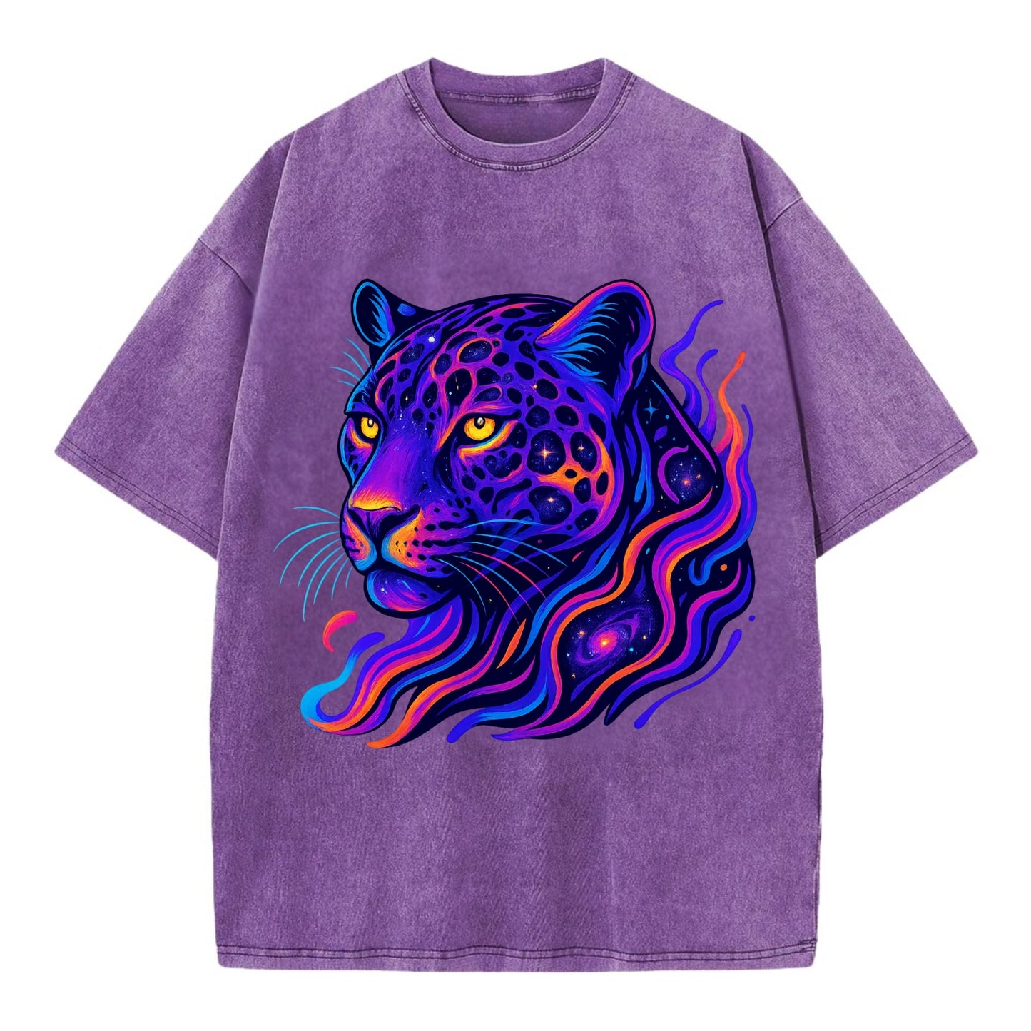 Powerful jaguar with rosettes containing miniature galaxies, cosmic purple and - Vintage T-shirt - Purple