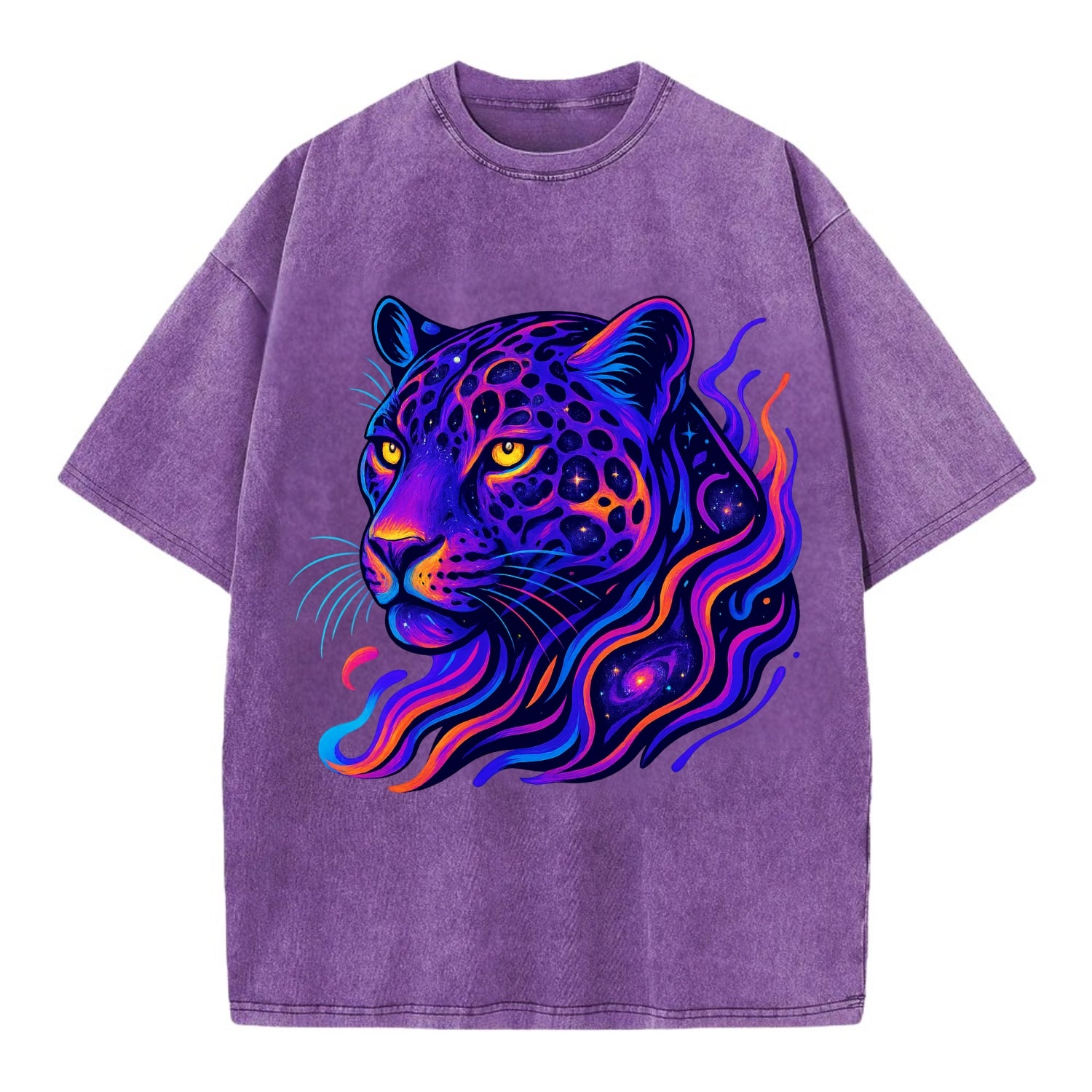 Powerful jaguar with rosettes containing miniature galaxies, cosmic purple and - Vintage T-shirt - Purple