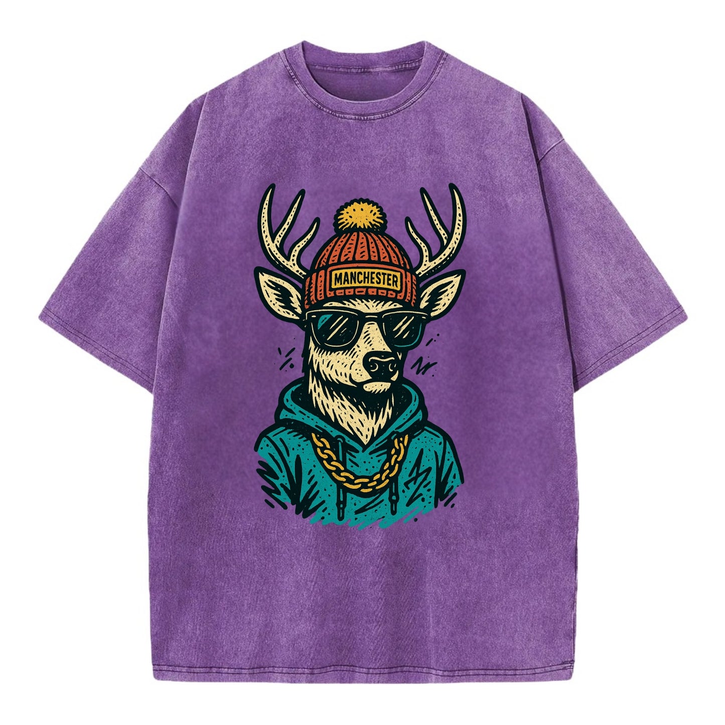 New Hampshire White-tailed Deer wearing Manchester beanie with pom pom and - Vintage T-shirt - Purple