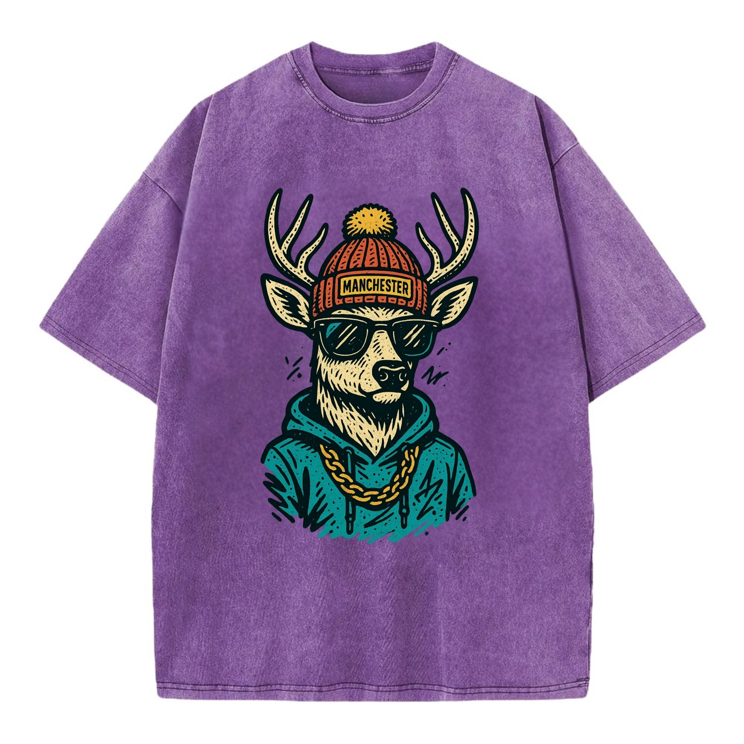 New Hampshire White-tailed Deer wearing Manchester beanie with pom pom and - Vintage T-shirt - Purple