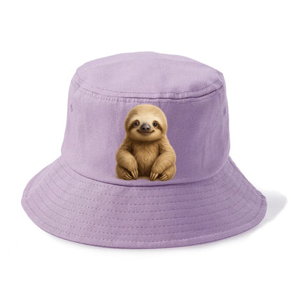 Baby Sloth - tan fur, long arms, peaceful smile, gentle eyes, front-facing, zen master - Bucket Hat - Purple