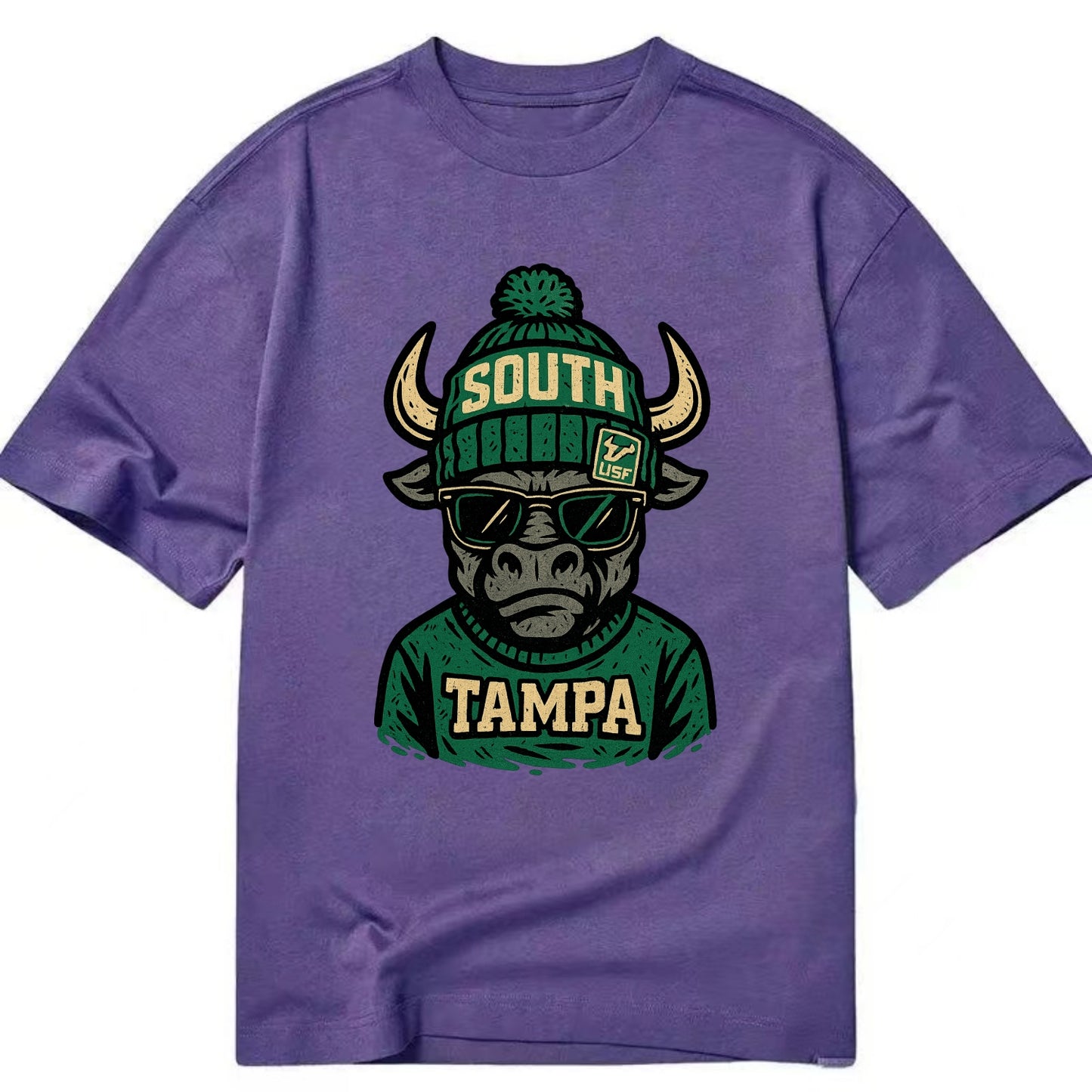 Tampa Bull wearing South Florida beanie with USF patch - Classic T-shirt - Purple