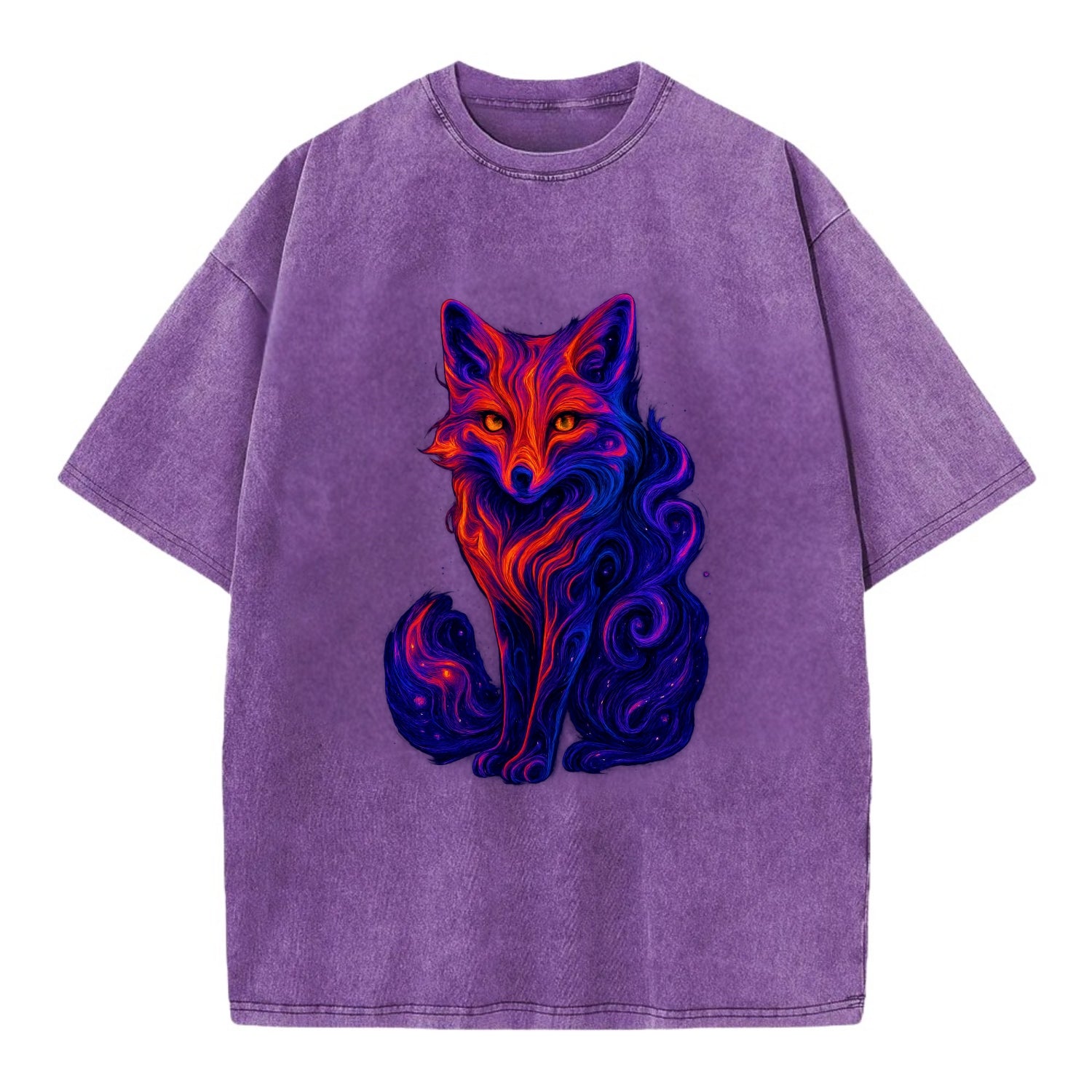 Clever fox with tail dissolving into cosmic nebula swirls, orange to purple - Vintage T-shirt - Purple