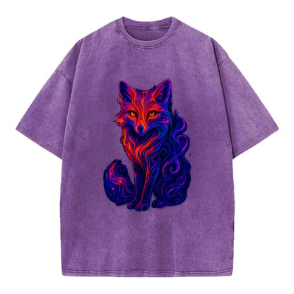 Clever fox with tail dissolving into cosmic nebula swirls, orange to purple - Vintage T-shirt - Purple