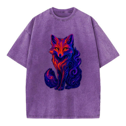 Clever fox with tail dissolving into cosmic nebula swirls, orange to purple - Vintage T-shirt