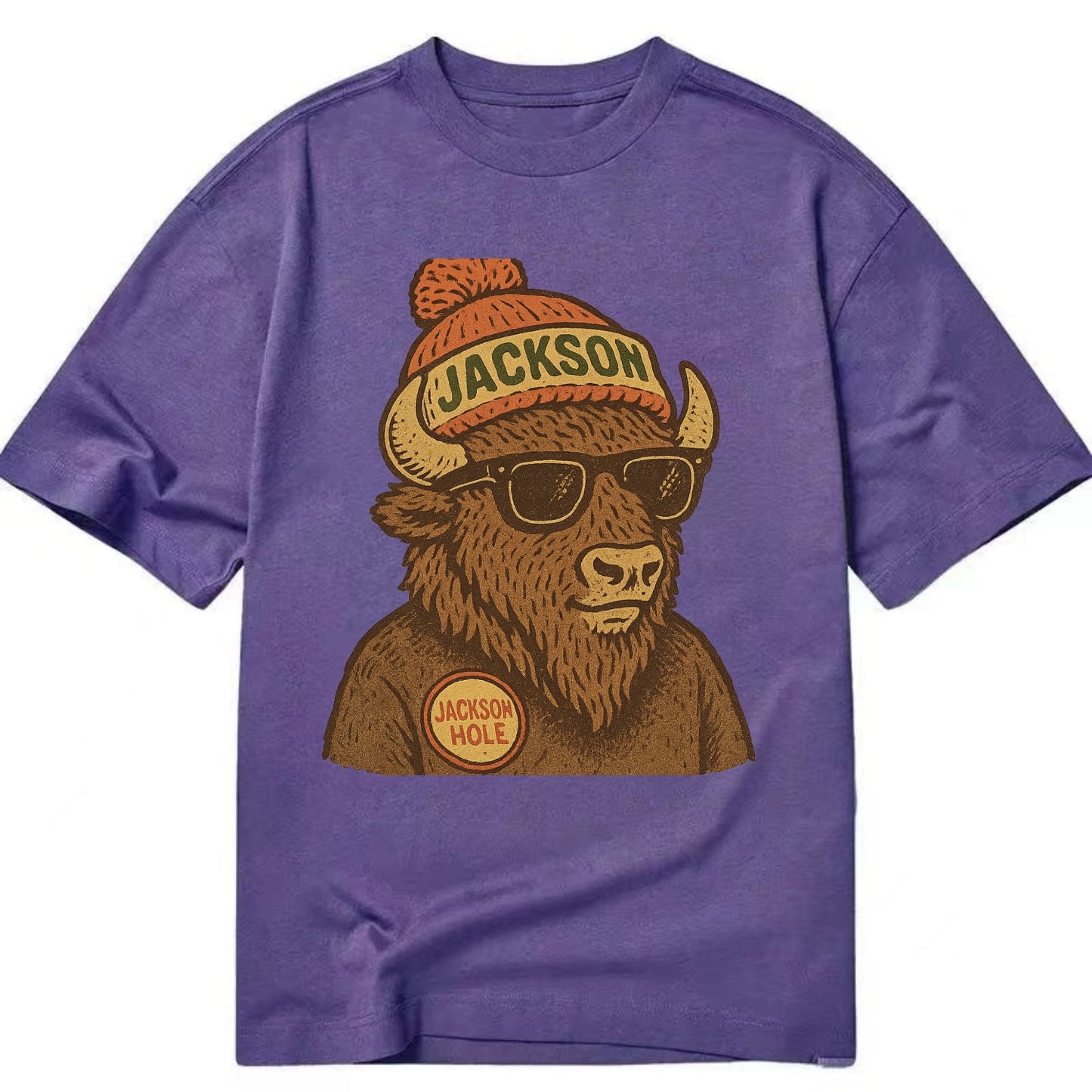 Jackson Hole Bison wearing Jackson beanie with pom pom and wayfarer sunglasses - Classic T-shirt - Purple