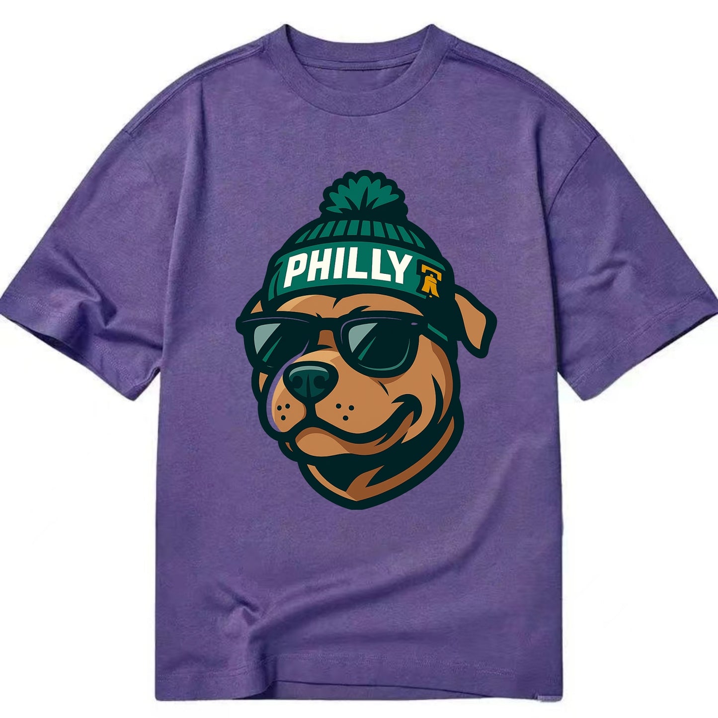 Philly Pitbull wearing Eagles beanie with Liberty Bell patch and wayfarer - Classic T-shirt - Purple