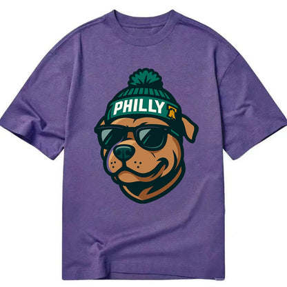Philly Pitbull wearing Eagles beanie with Liberty Bell patch and wayfarer - Classic T-shirt - Purple