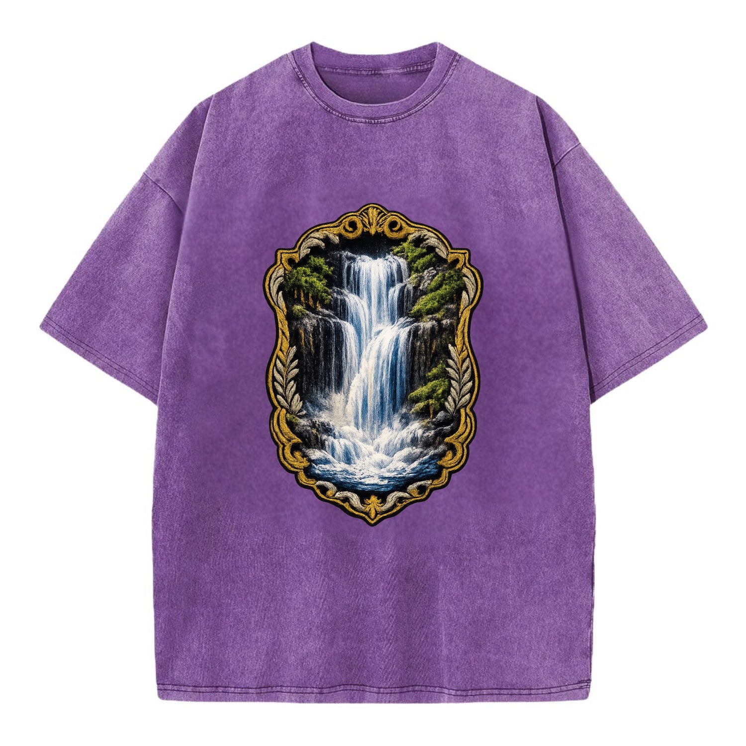 WATERFALL CASCADE - falling water with mist in blue and white , nature wonder - Vintage T-shirt - Purple