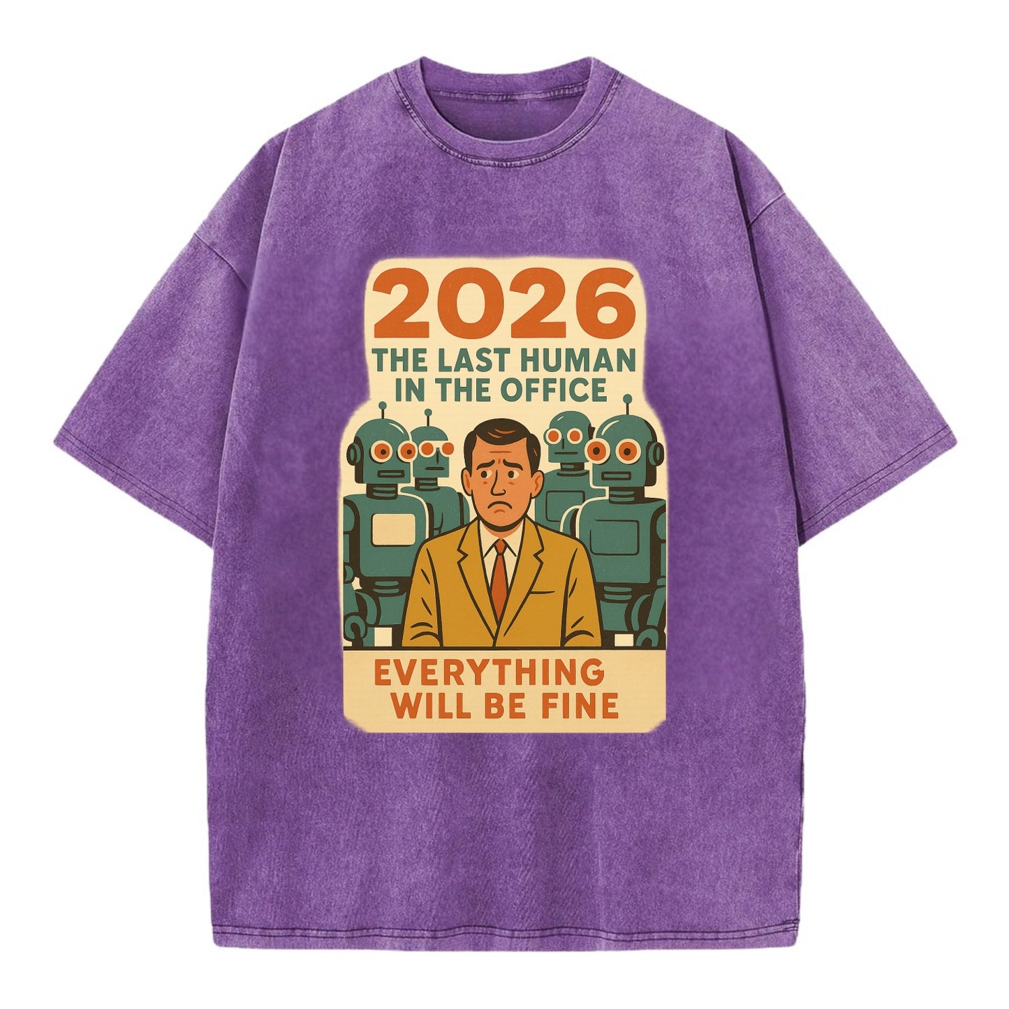 Single human worker surrounded by robot coworkers - "The last human in the office" - Vintage T-shirt - Purple