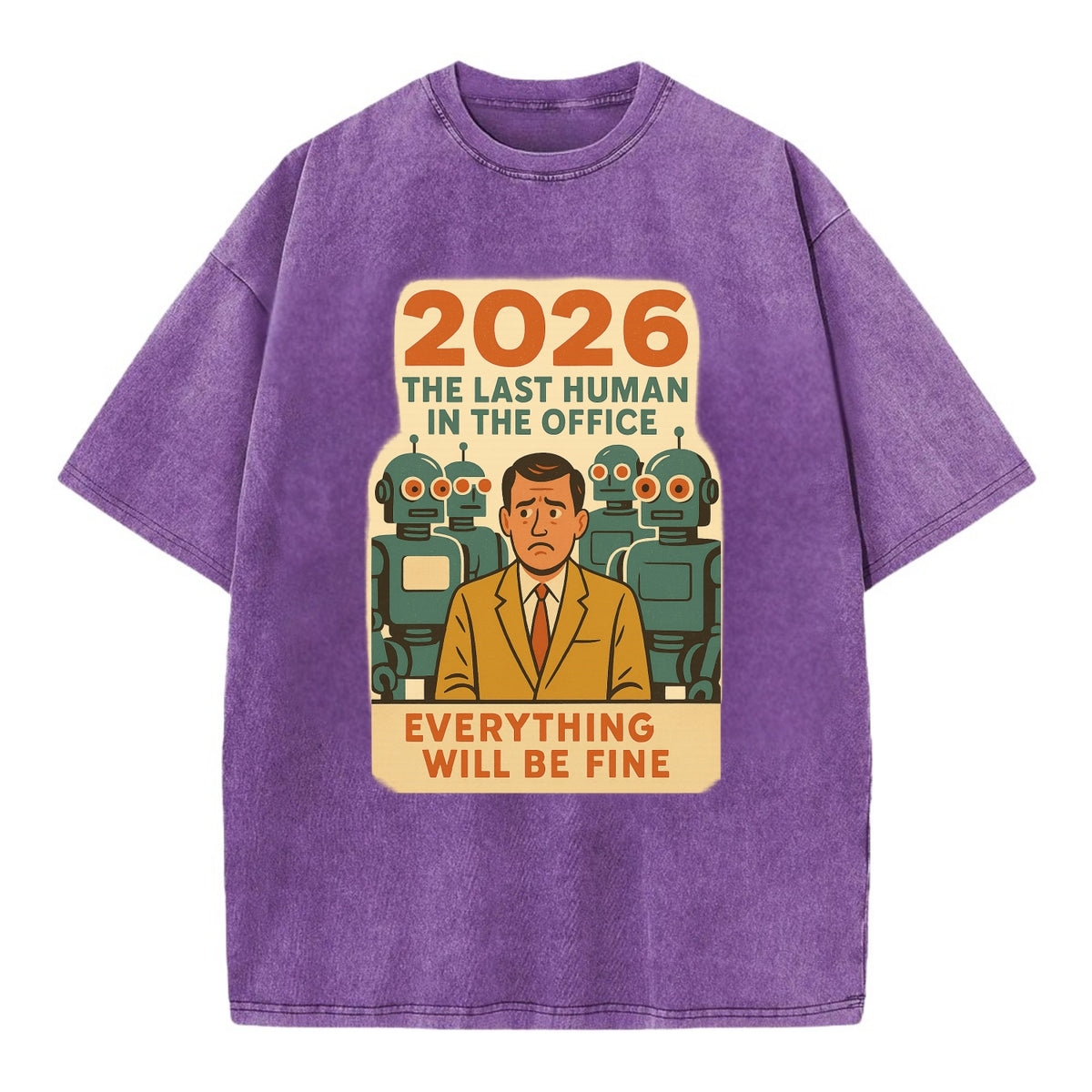 Single human worker surrounded by robot coworkers - "The last human in the office" - Vintage T-shirt - Purple