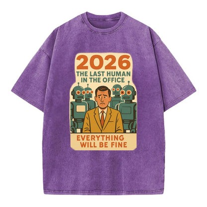 Single human worker surrounded by robot coworkers - "The last human in the office" - Vintage T-shirt - Purple