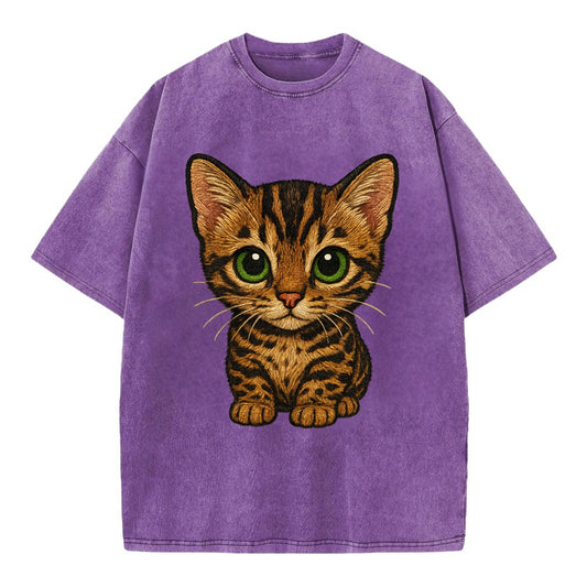Baby Bengal Kitten - spotted/marbled wild coat, green eyes, athletic build, - Vintage T-shirt - Purple