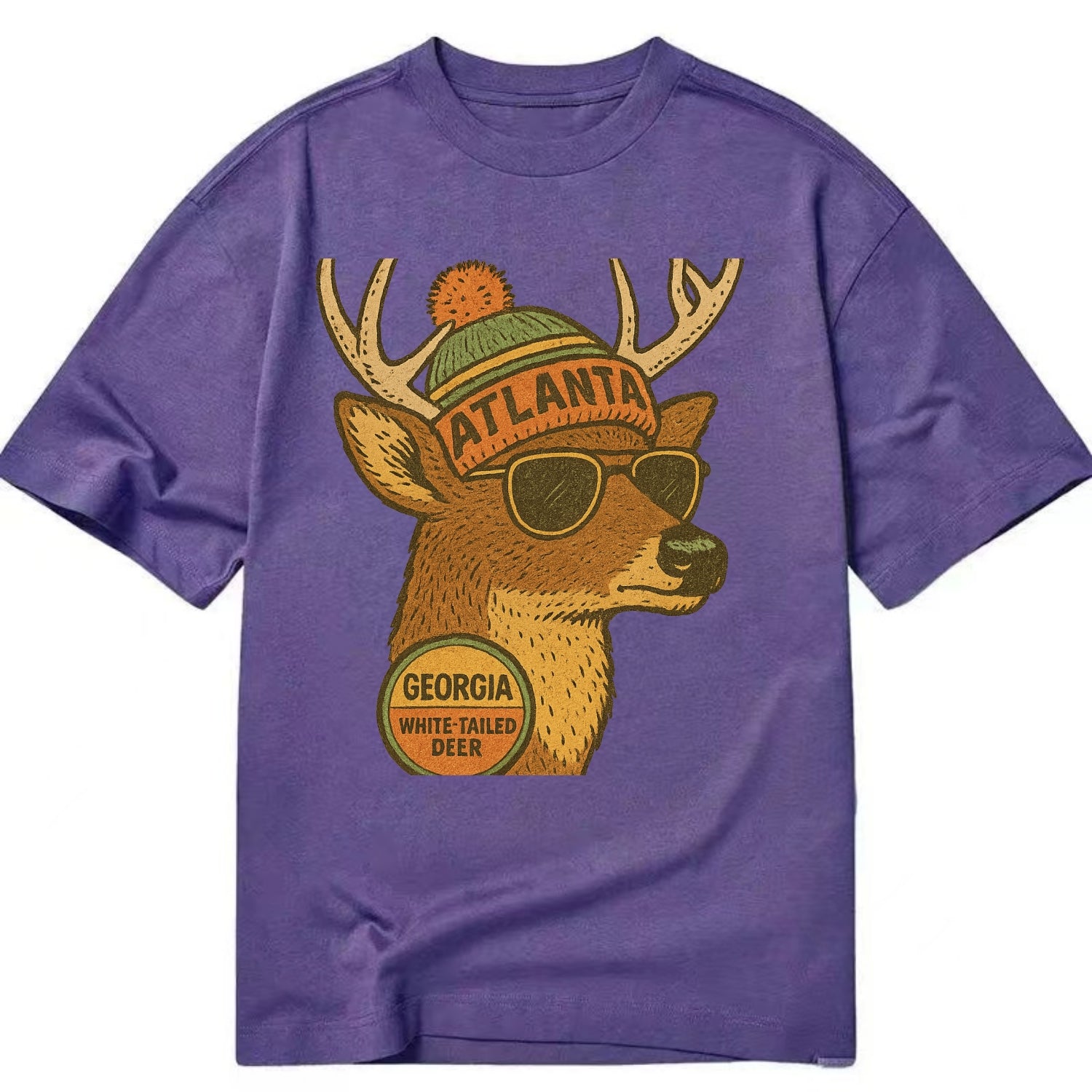Georgia White-tailed Deer wearing Atlanta beanie with pom pom and wayfarer - Classic T-shirt - Purple