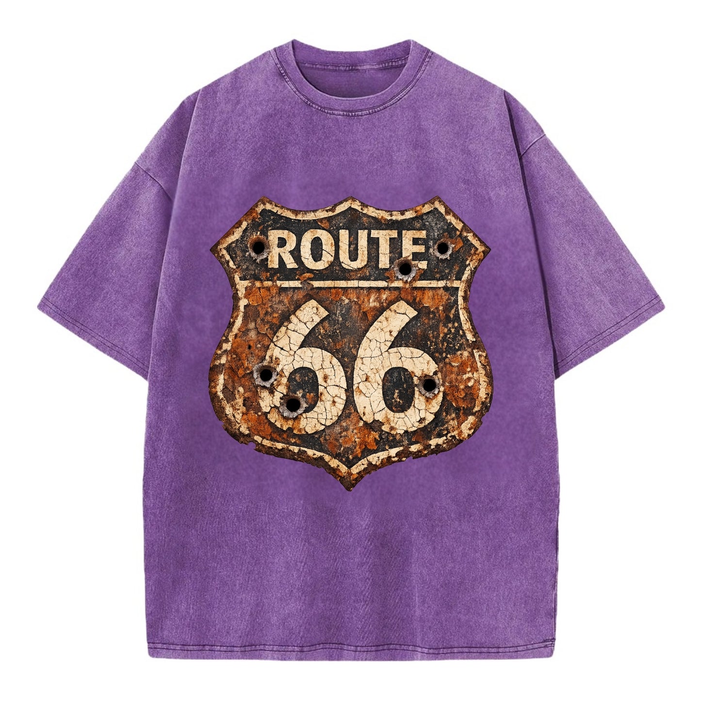 WEATHERED MARKER | Rust-aged Route 66 sign | Desert sun-bleached | Bullet holes - Vintage T-shirt - Purple