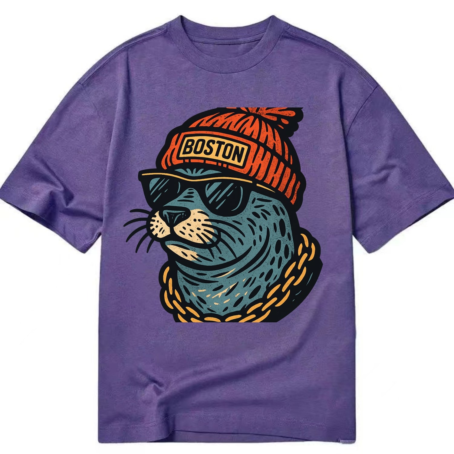 Boston Harbor Seal wearing Boston beanie with pom pom and wayfarer sunglasses - Classic T-shirt - Purple