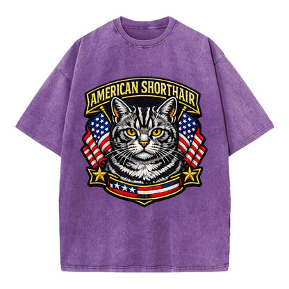 AMERICAN SHORTHAIR - classic american cat in silver tabby , all-American cat - Vintage T-shirt - Purple