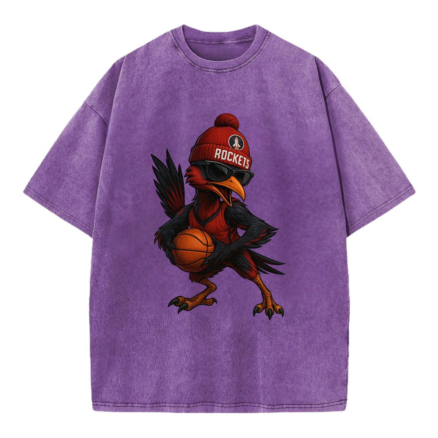 Houston Roadrunner wearing Rockets beanie with launch pad patch and wayfarer - Vintage T-shirt - Purple