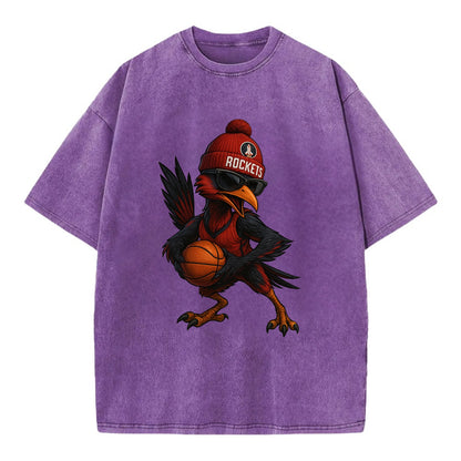 Houston Roadrunner wearing Rockets beanie with launch pad patch and wayfarer - Vintage T-shirt - Purple